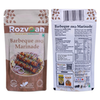Rozvaan Barbeque Marinade bottle, flavorful BBQ marinade in a clear plastic container with a colorful label.