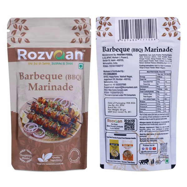 Rozvaan Barbeque Marinade bottle, flavorful BBQ marinade in a clear plastic container with a colorful label.