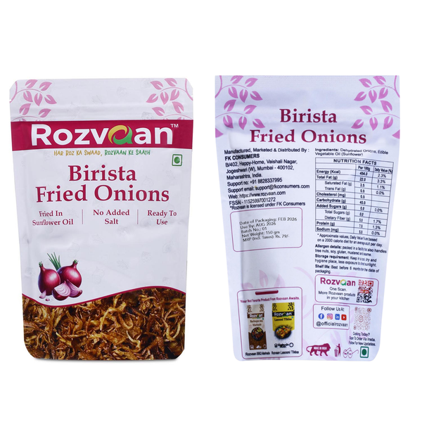 Rozvaan Birista Fried Onion close-up showing crispy, golden fried onions in a bowl for garnishing and flavoring dishes