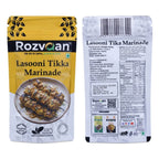 Rozvaan Lasooni Tikka Marinade in a jar, rich garlic and spice blend for flavorful tikka dishes, close-up of the marinade container.