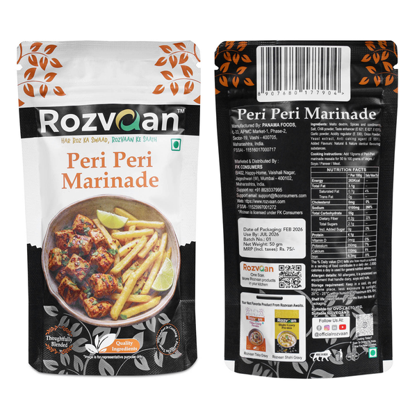 Rozvaan Peri Peri marinade bottle with label, showcasing the spicy, flavorful marinade for grilling and cooking.