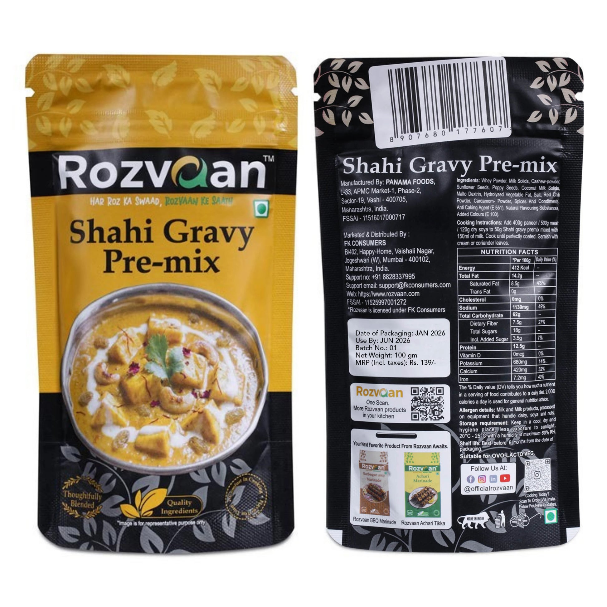 Rozvaan Shahi Gravy Premix in a packet, a flavorful gravy powder masala for rich Indian dishes.