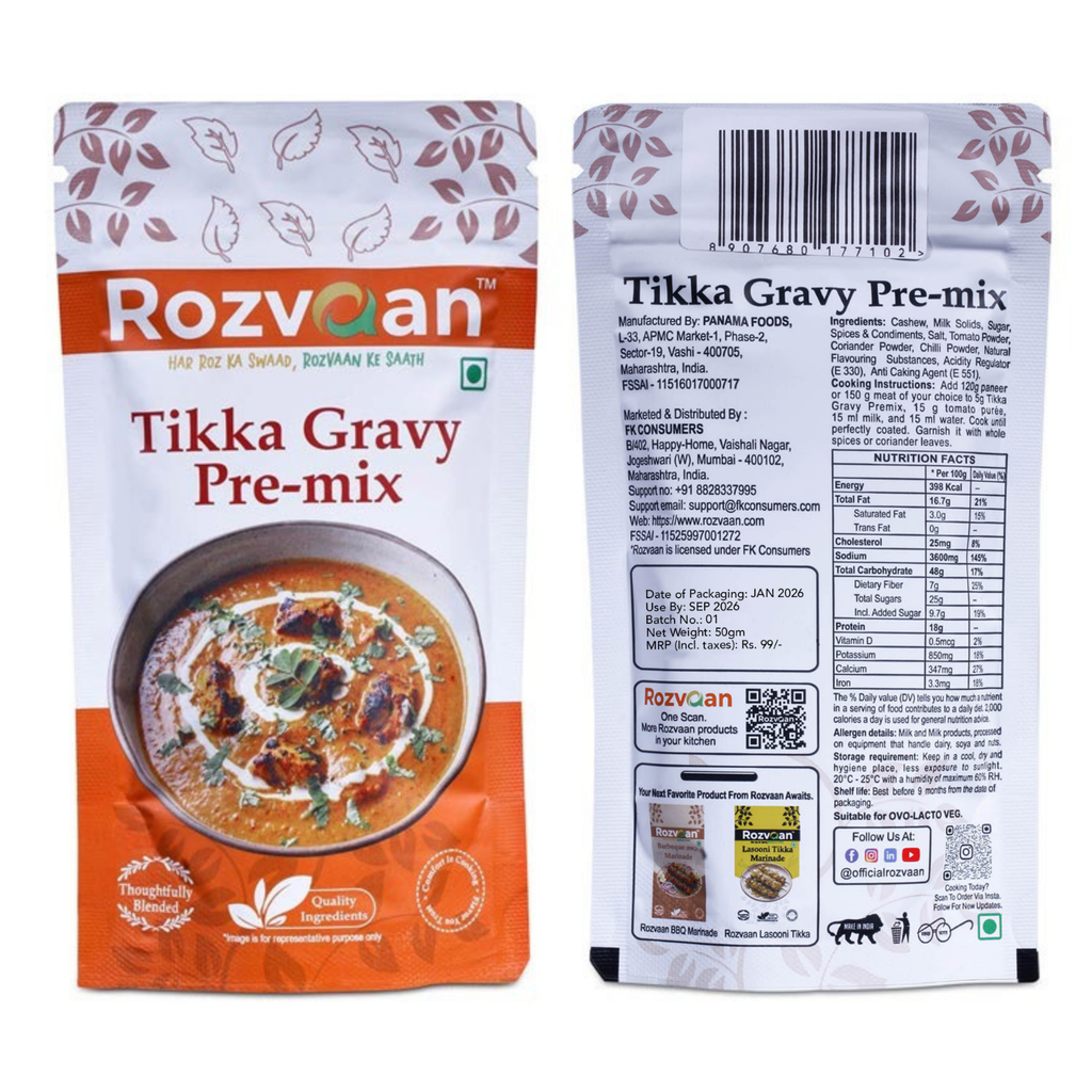 Rozvaan Tikka Gravy Premix in a package, flavorful gravy powder masala for Indian Tikka dishes, branded Rozvaan.