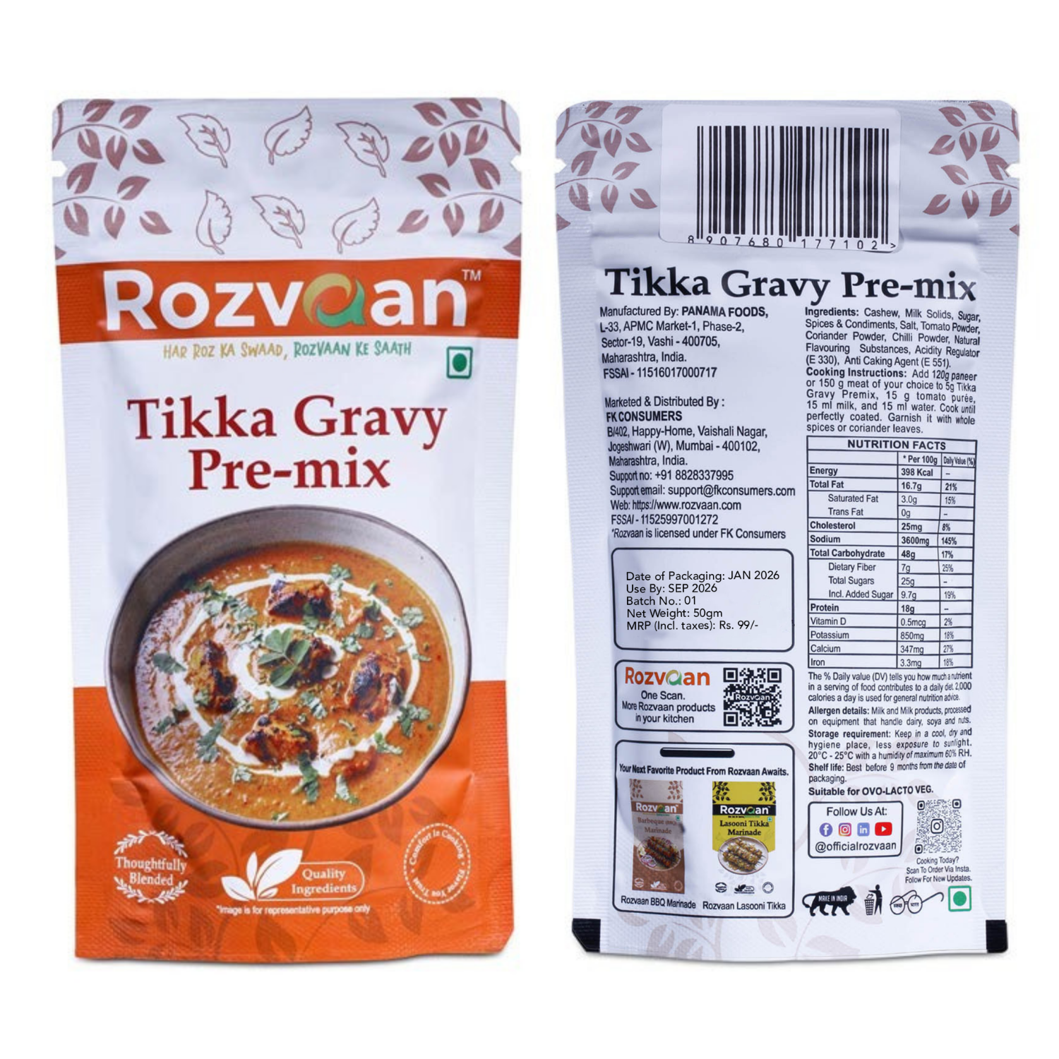 Rozvaan Tikka Gravy Premix in a package, flavorful gravy powder masala for Indian Tikka dishes, branded Rozvaan.