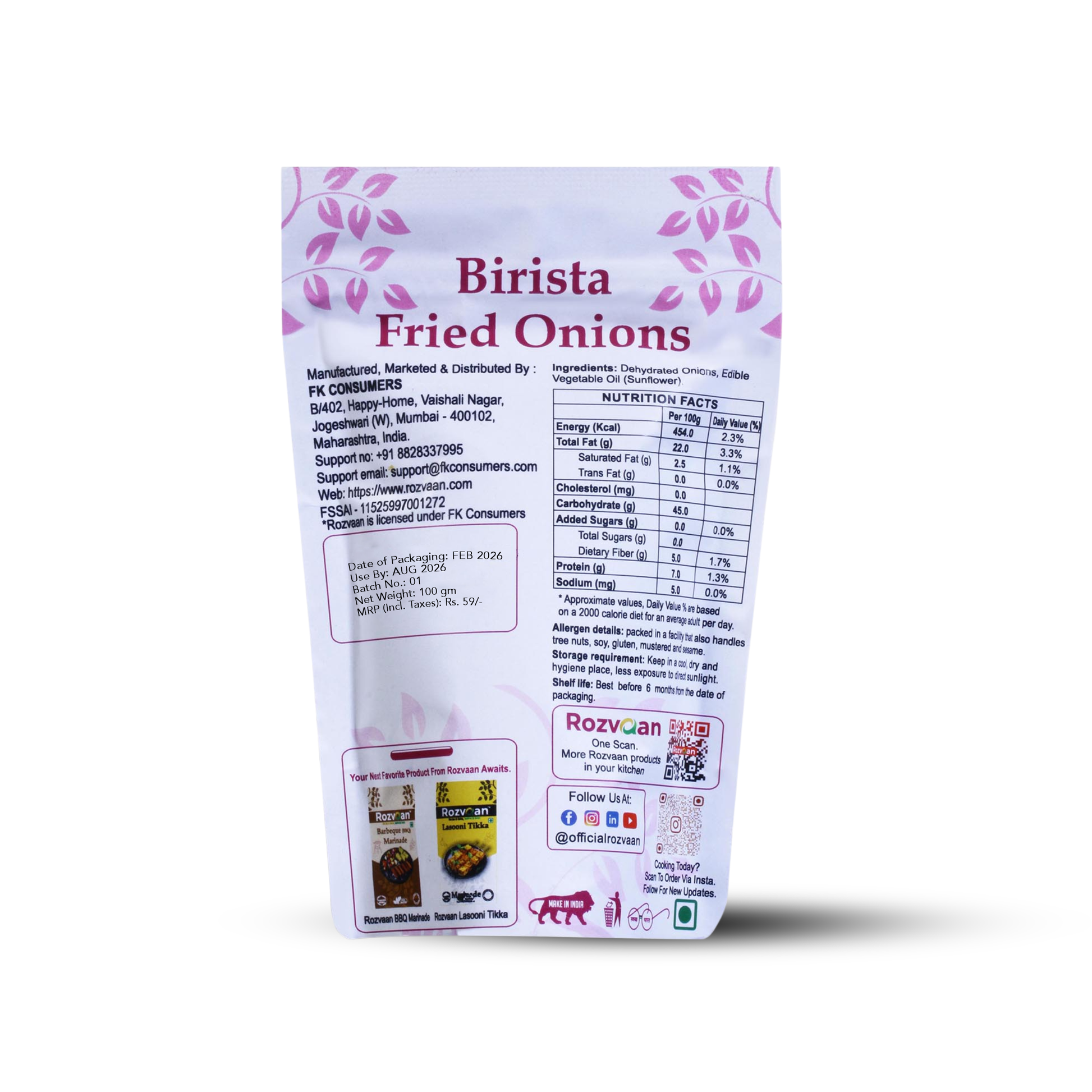 Rozvaan Birista Fried Onion in a clear packaging showcasing crispy, golden-brown onions.