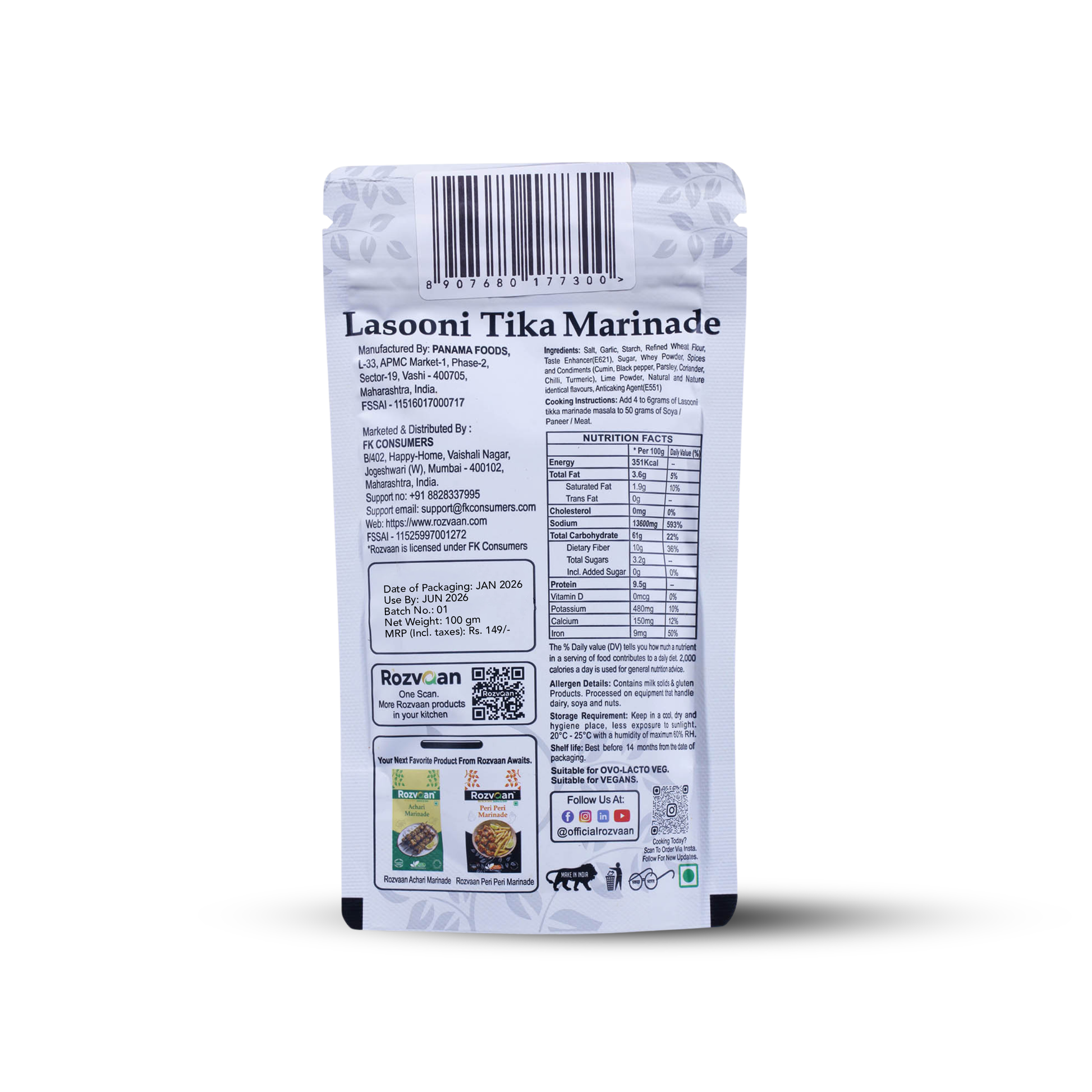 Rozvaan Lasooni Tikka Marinade bottle showcasing the back label with ingredient details and nutritional information.