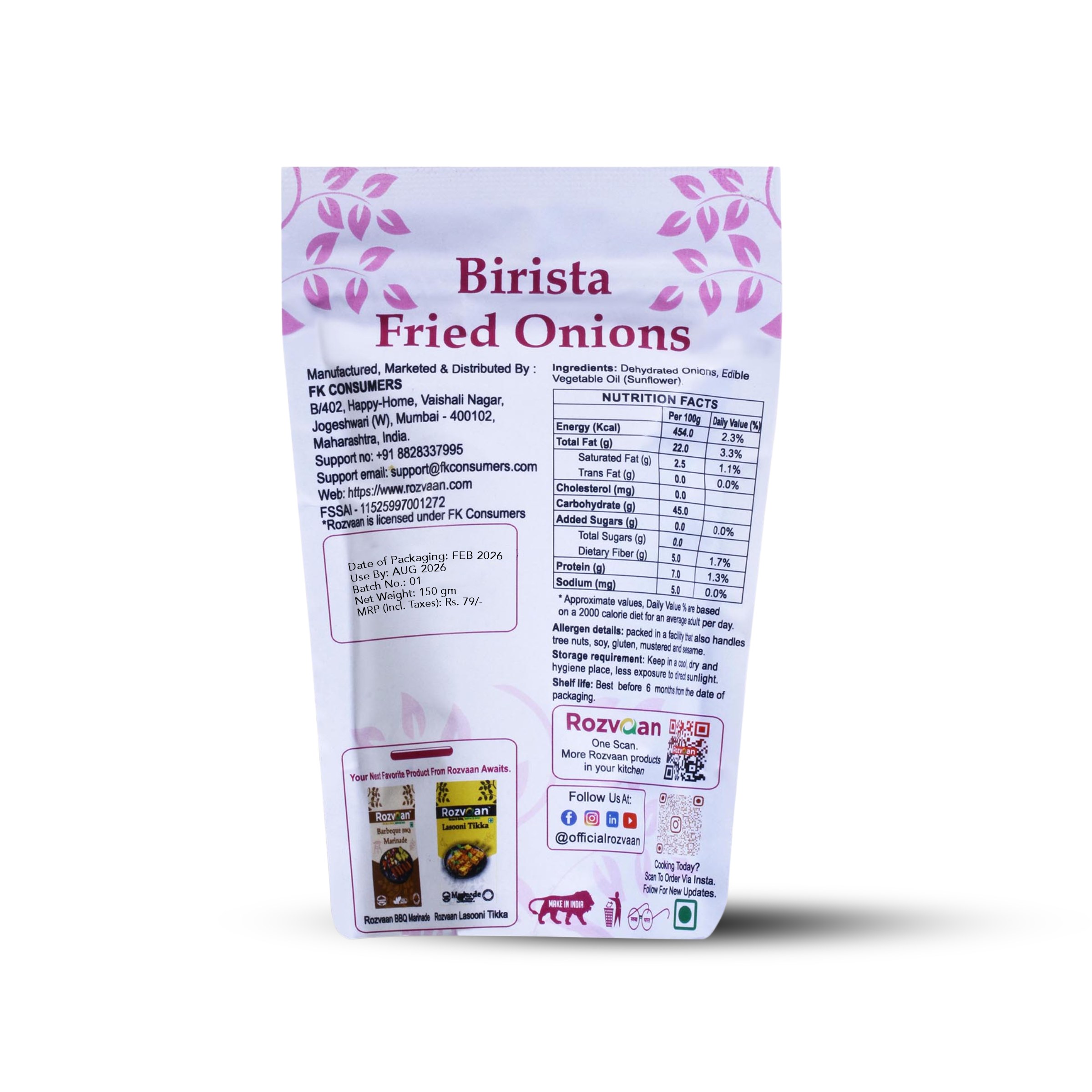 Rozvaan Birista Fried Onion in a 150g package, crispy golden fried onions used for garnishing and flavoring dishes.