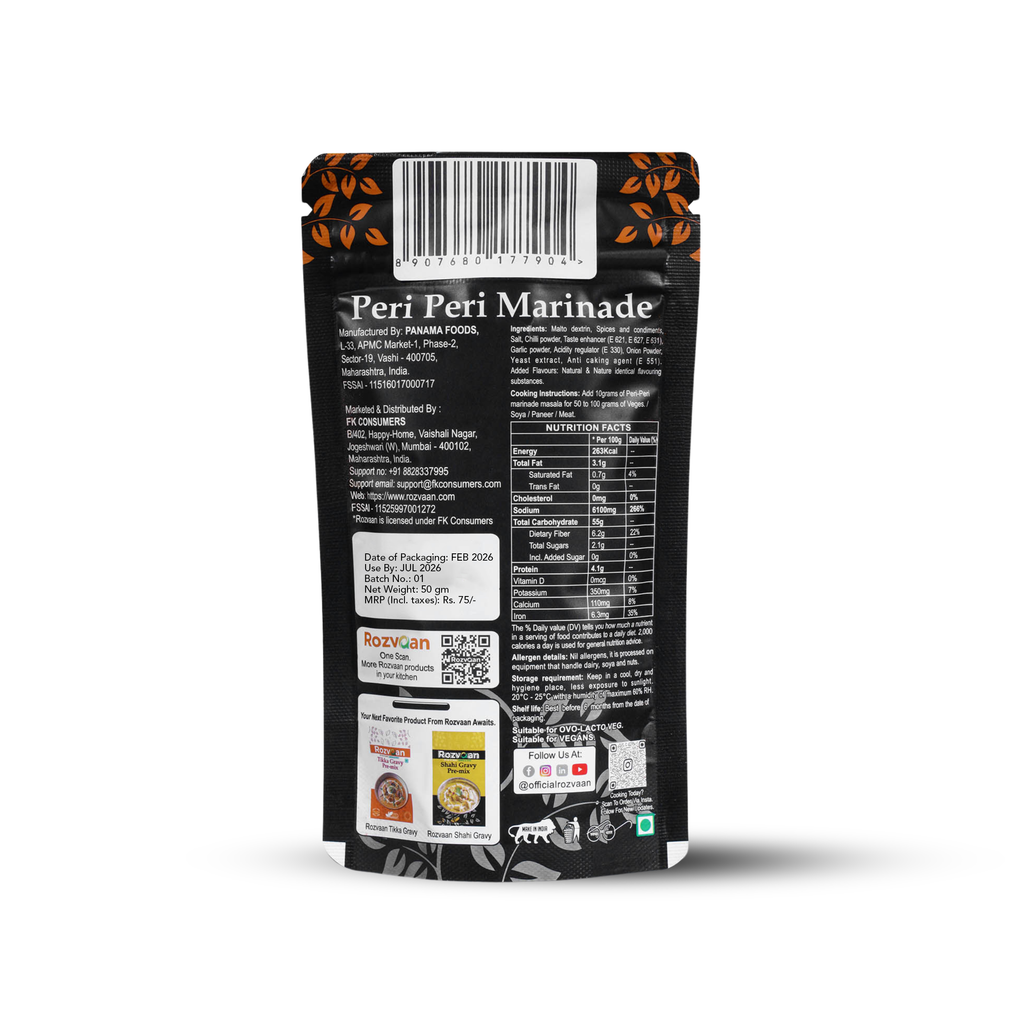 Rozvaan Peri Peri Marinade bottle with label, showcasing vibrant red chili and spice ingredients in a clear glass bottle.