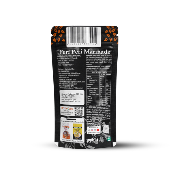 Rozvaan Peri Peri Marinade bottle with label, showcasing vibrant red chili and spice ingredients in a clear glass bottle.
