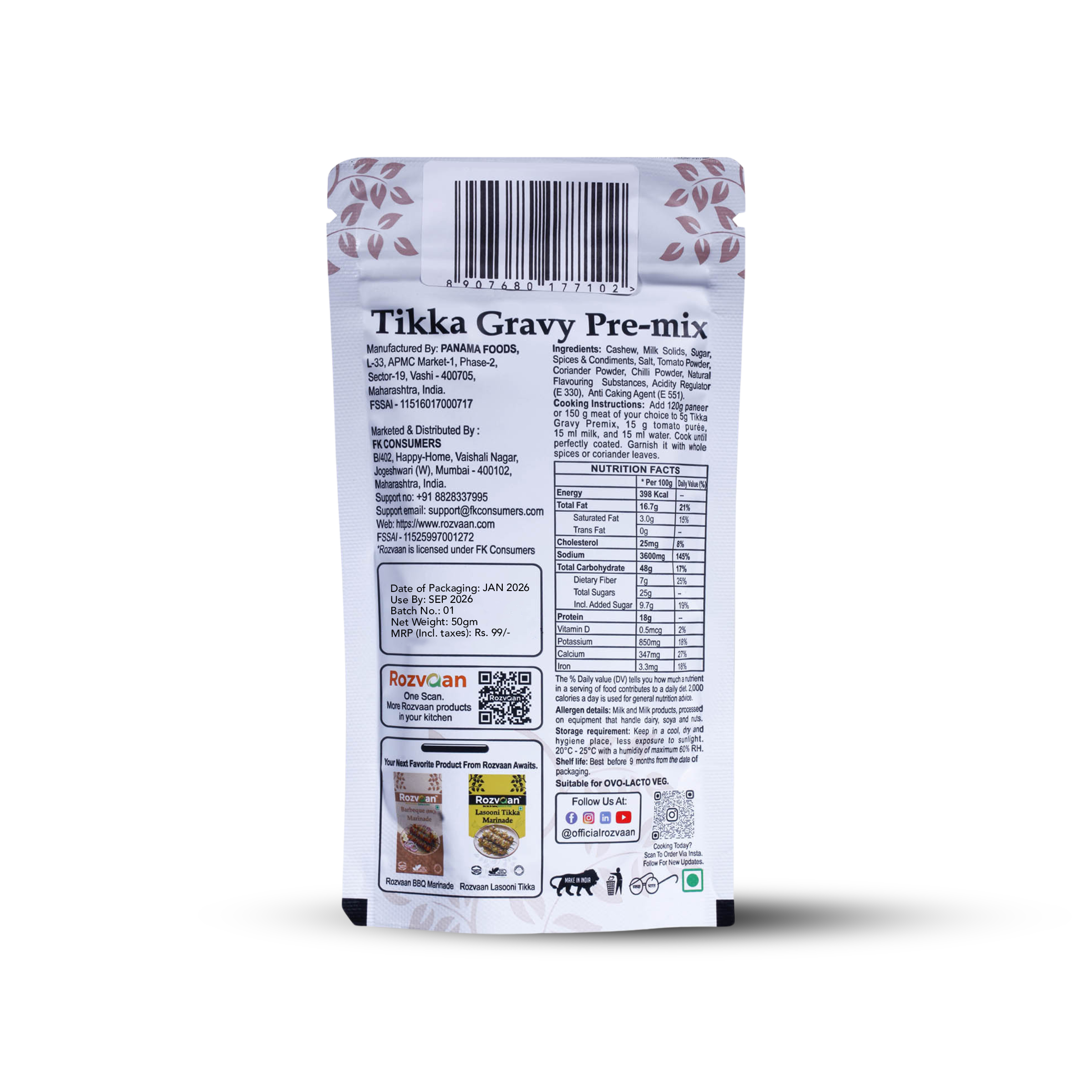 Rozvaan Tikka Gravy Premix in a spice packet, ready to add flavorful gravy to chicken or vegetarian dishes.
