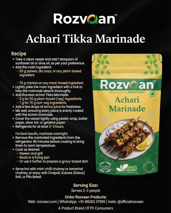 Rozvaan Achari Tikka Marinade in a bowl with spices, perfect for marinating chicken or vegetables for grilling.