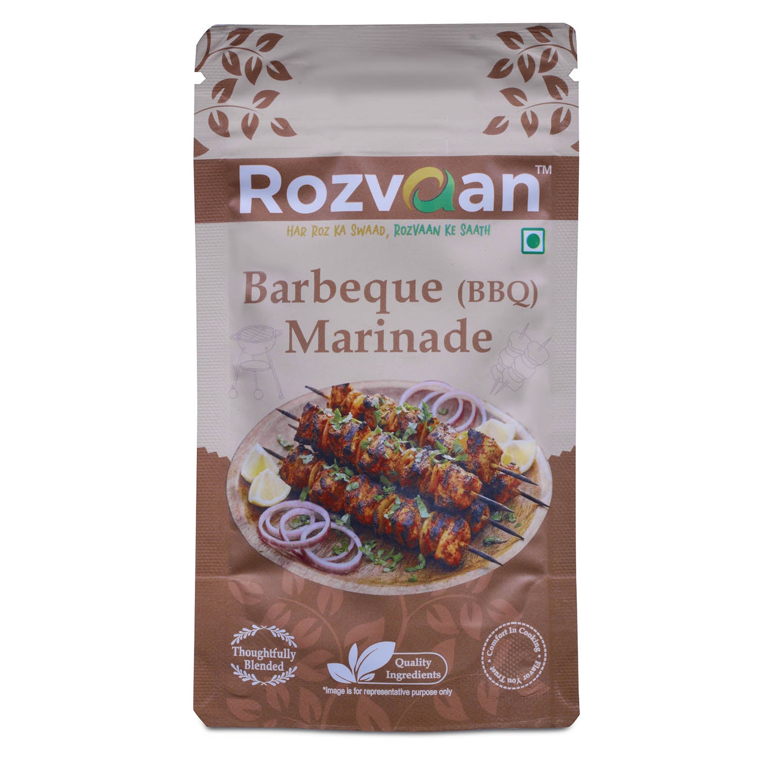 Rozvaan Barbeque Marinade bottle with label, showcasing the BBQ marinade product for grilling and flavor enhancement.
