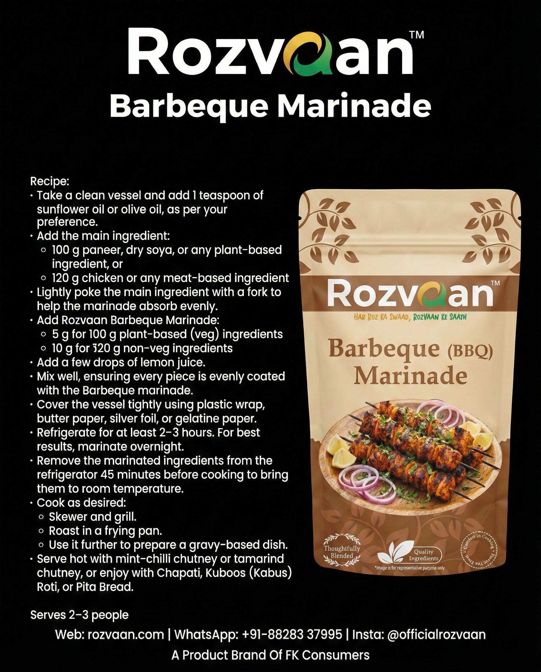 Rozvaan Barbeque Marinade bottle with vibrant label, surrounded by fresh herbs and spices on a wooden surface.