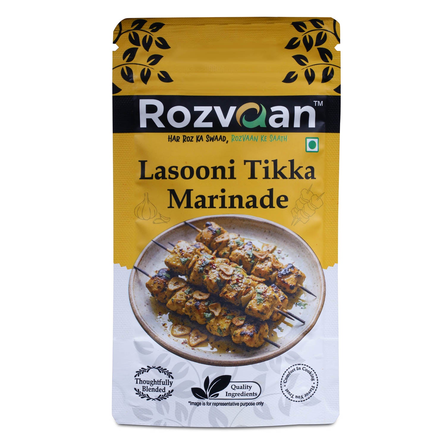 Rozvaan Lasooni Tikka Marinade in a bottle, showcasing the flavorful garlic marinade for tikka and grilling dishes.
