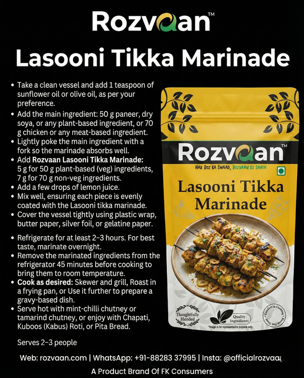 Rozvaan Lasooni Tikka Marinade in a bowl with spices and herbs, ready for marinating chicken or vegetables.