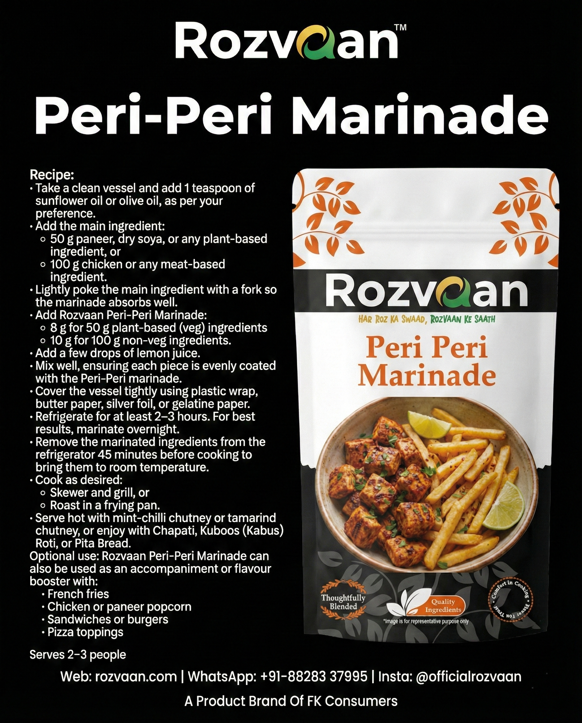 Rozvaan Peri Peri Marinade bottle with vibrant label showcasing spicy flavor and recipe ideas for marinating meats.