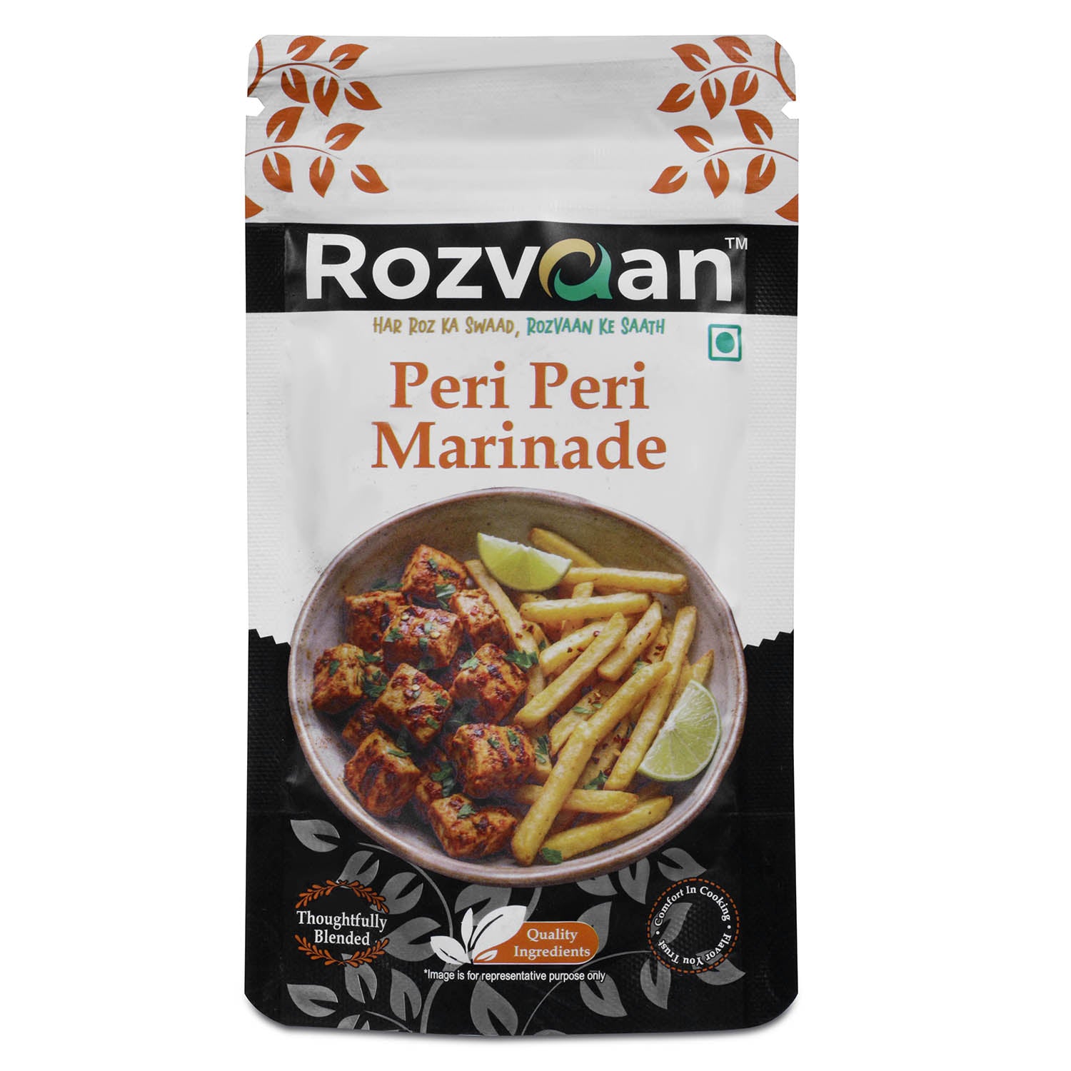 Rozvaan Peri Peri Marinade bottle with label, showcasing the spicy marinade for grilling and cooking.