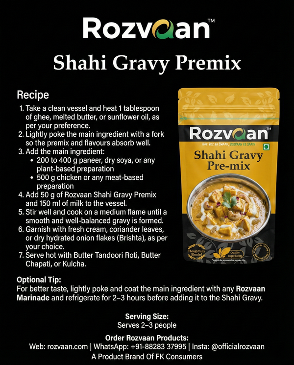 Rozvaan Shahi Gravy Premix packaging with vibrant design, showcasing the gravy powder masala for flavorful dishes.