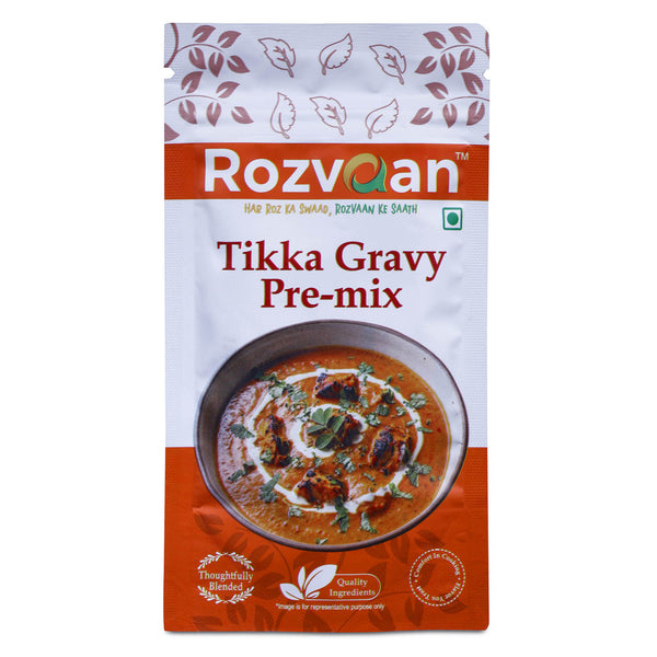 Rozvaan Tikka Gravy Premix in a packet, flavorful gravy powder masala for chicken tikka dishes, vibrant packaging.