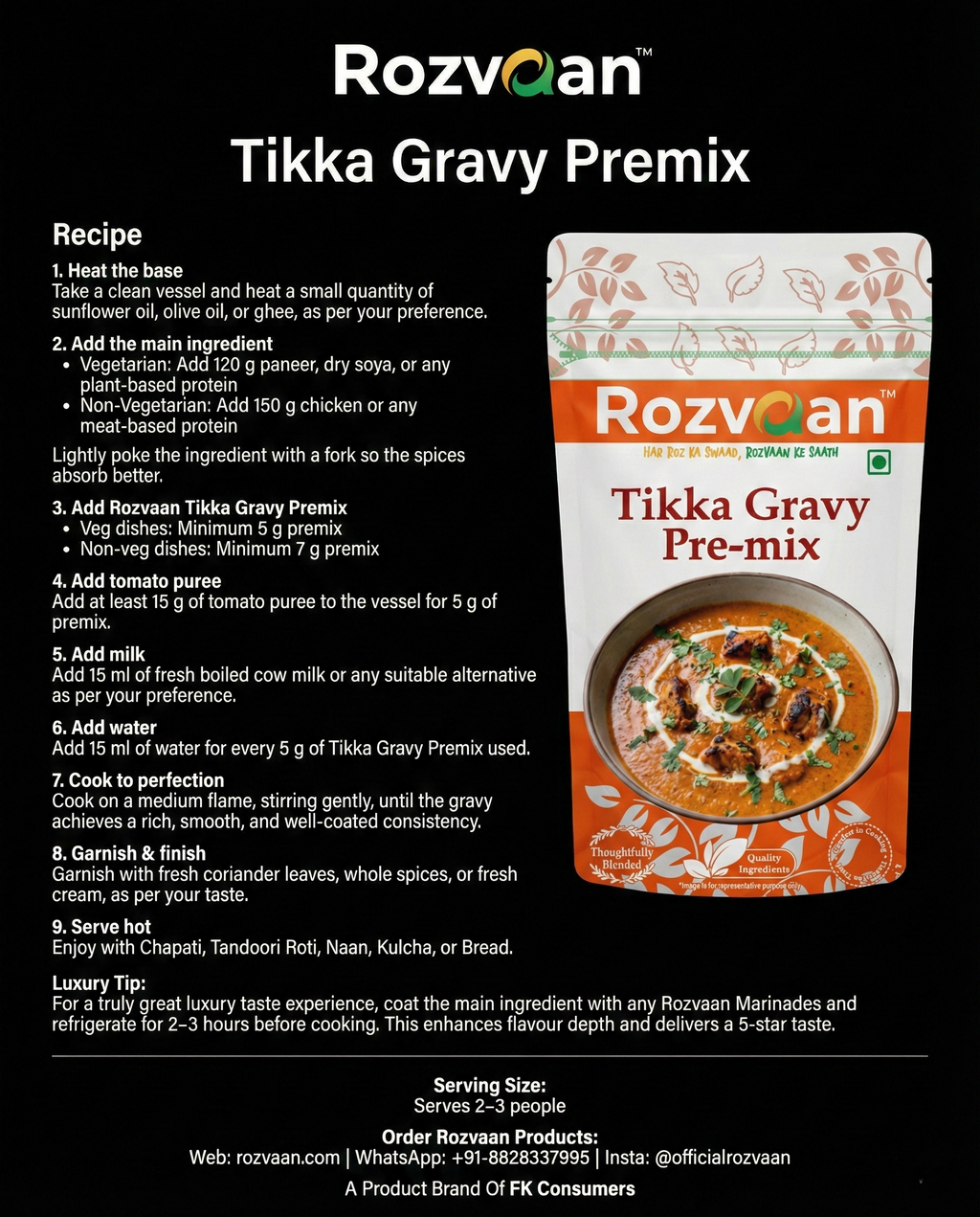 Rozvaan Tikka Gravy Premix in a bowl with fresh ingredients, showcasing the rich color and texture of the gravy powder.