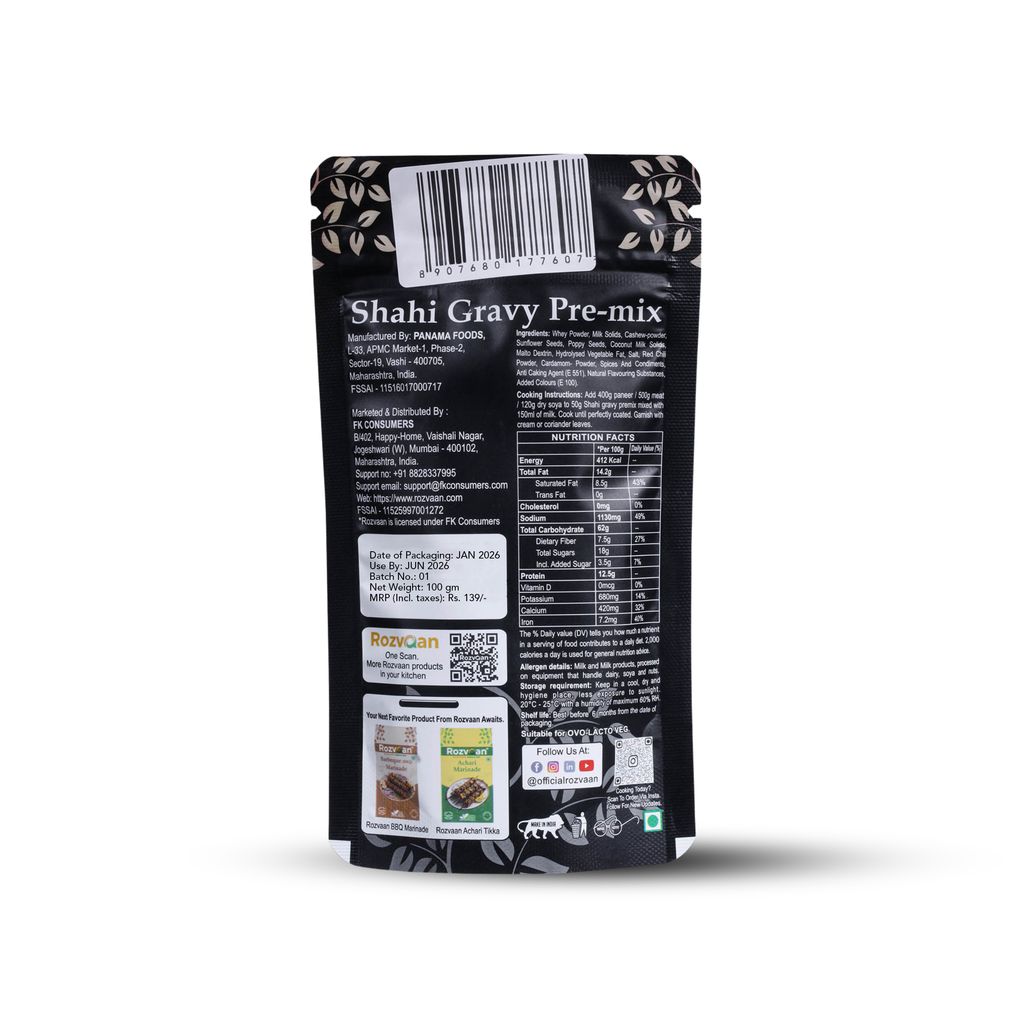 Back view of Rozvaan Shahi Gravy Premix package showcasing gravy powder masala ingredients and nutrition information.