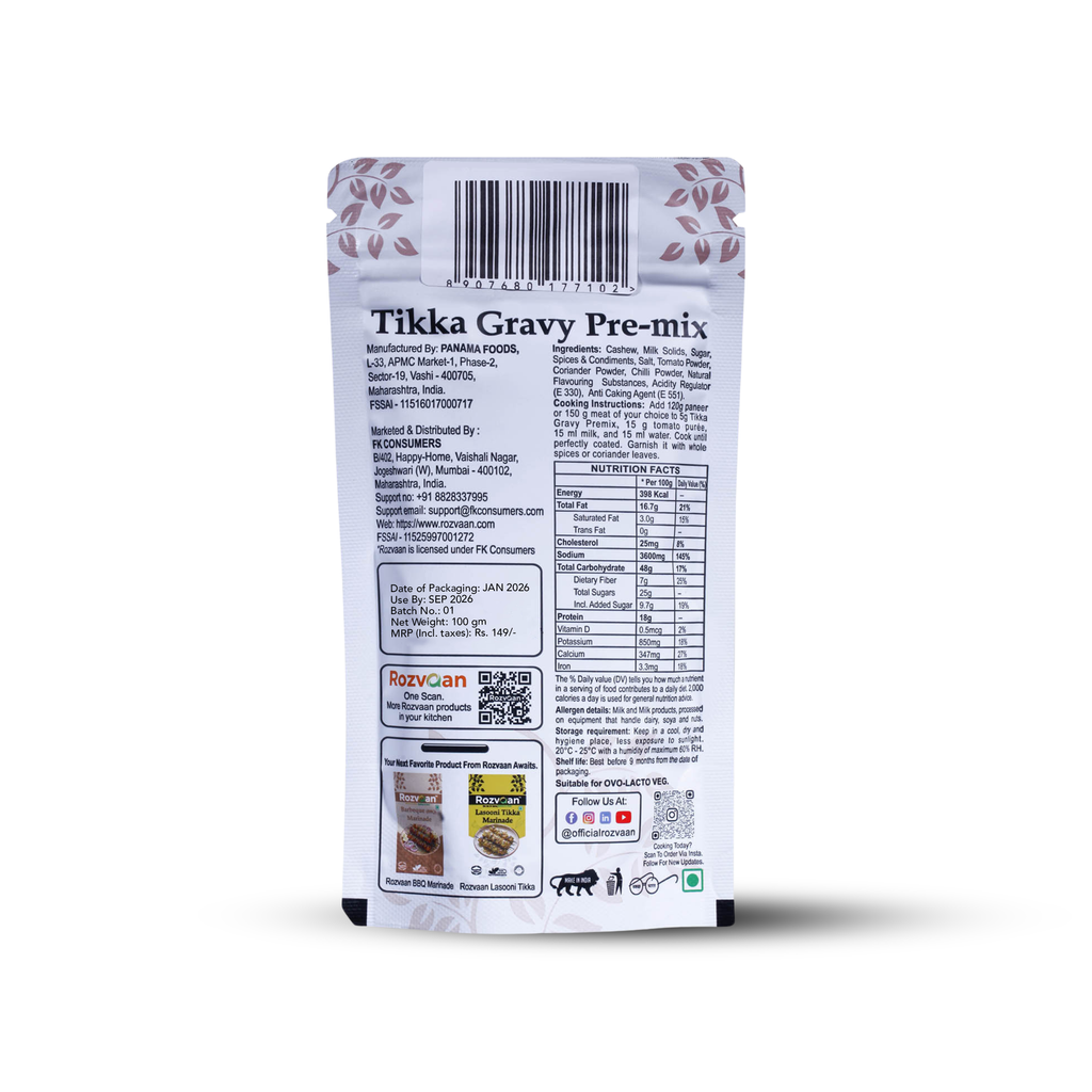 Rozvaan Tikka Gravy Premix powder in a package, showcasing the back label with ingredients and preparation instructions.