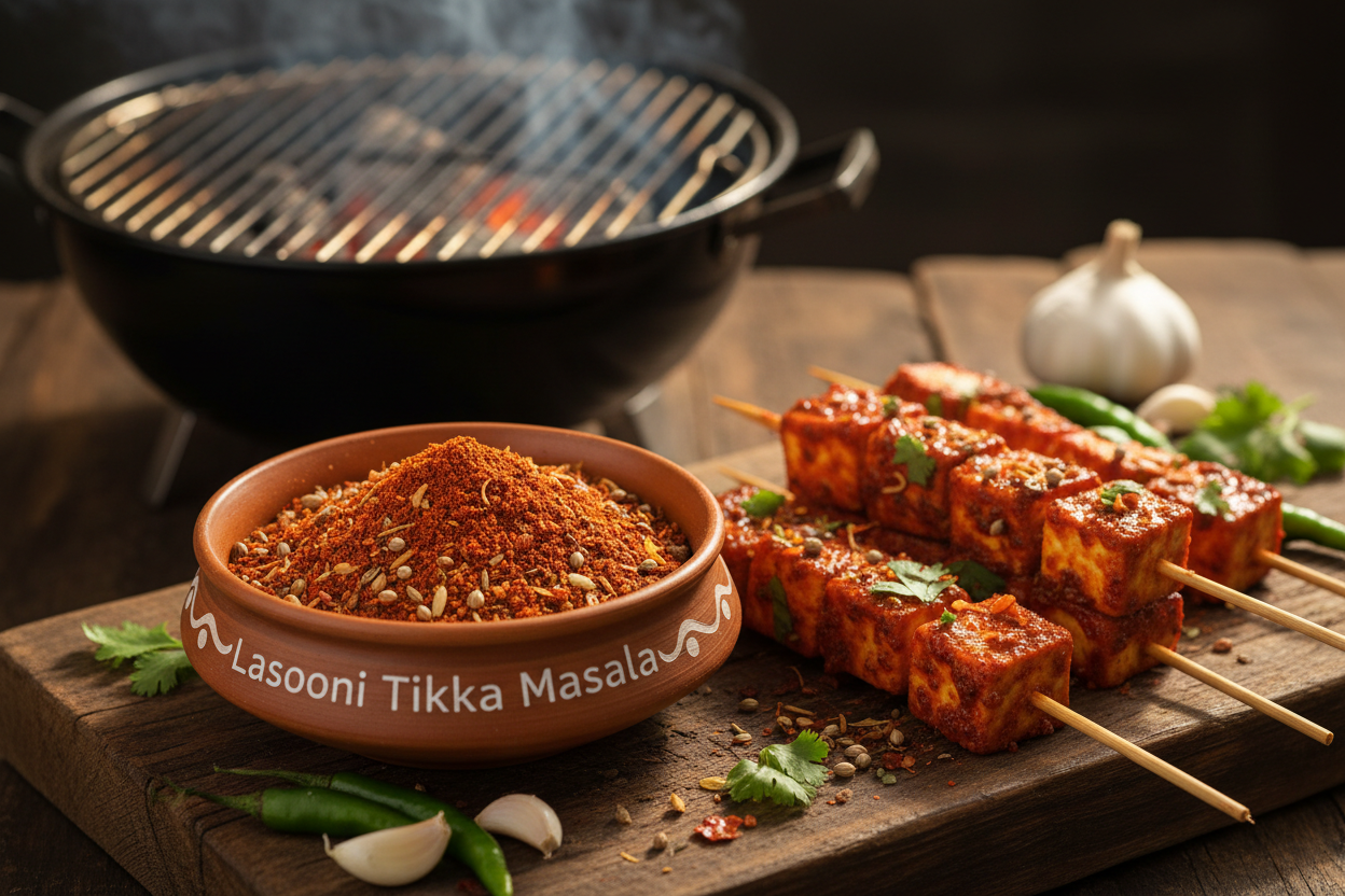 Lasooni (Garlic) Tikka Masala powder with Lasooni Tikka Paneer Pieces ready for Barbeque