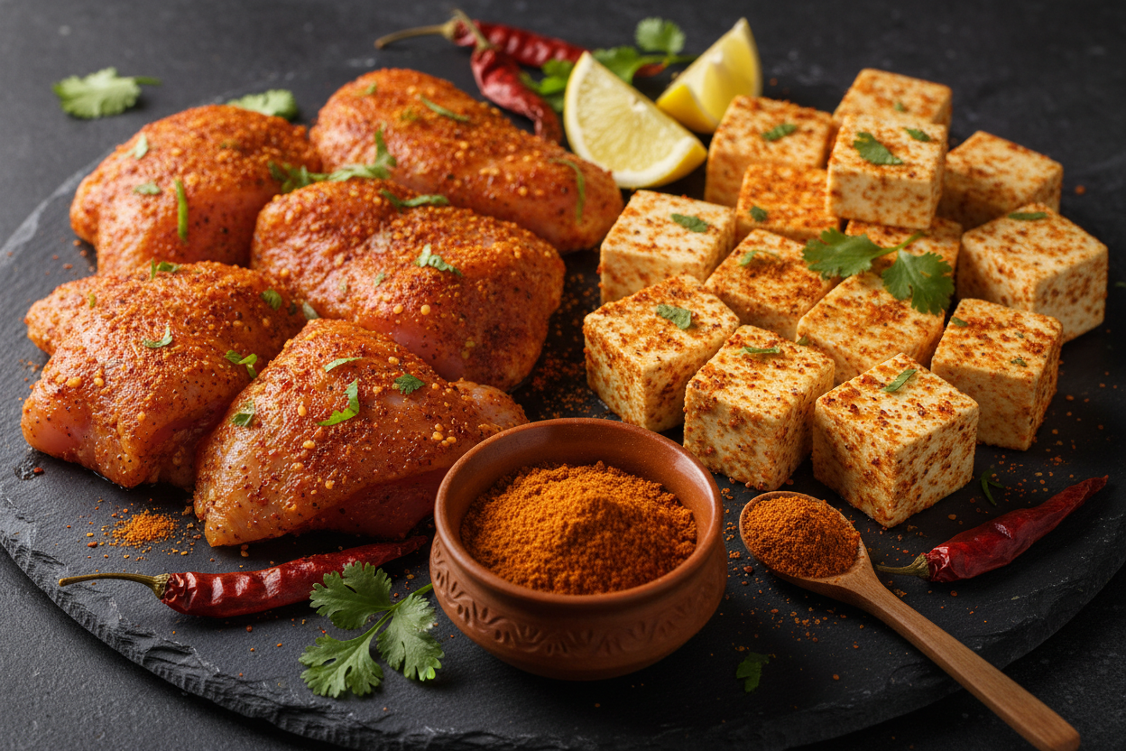 Peri Peri Masala Powder with Peri Peri masala on Chicken and Paneer Marination 